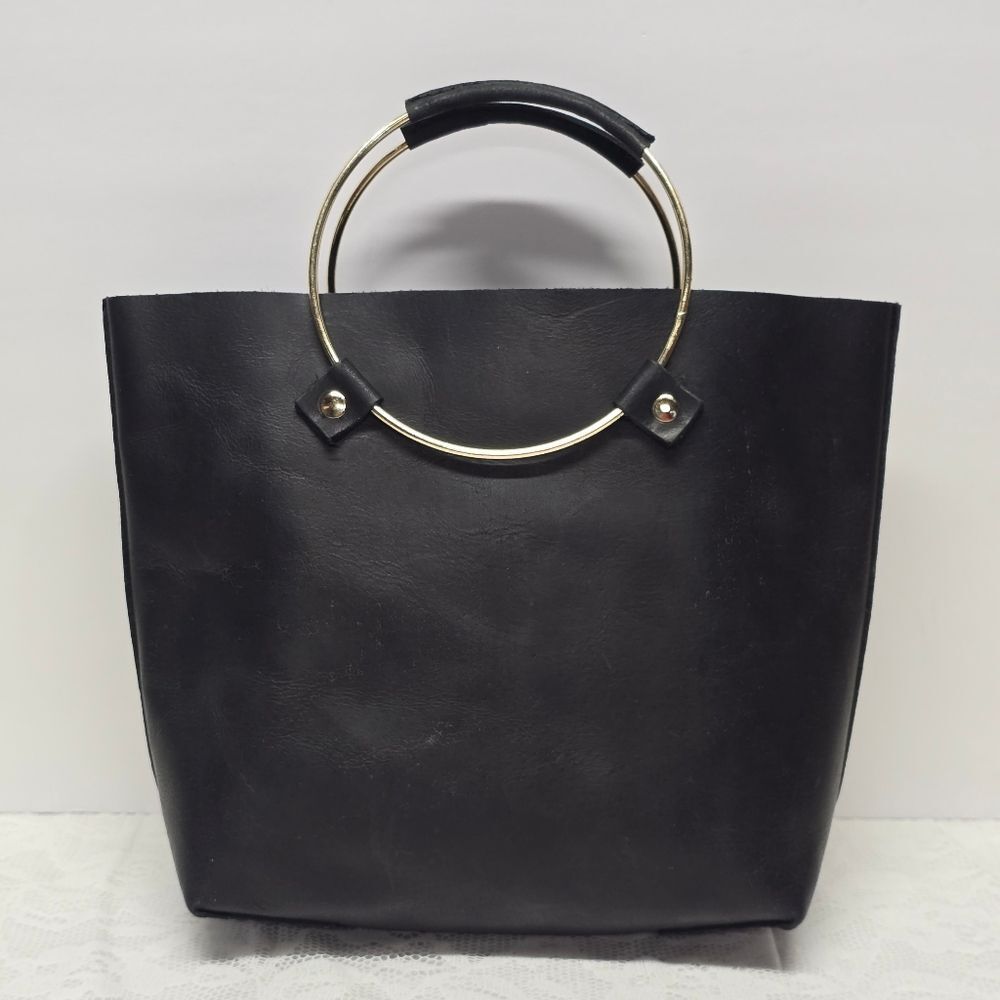 Tribe Alive Genuine Black Leather Light Gold Tone Metal Circle Ring Handles Bag